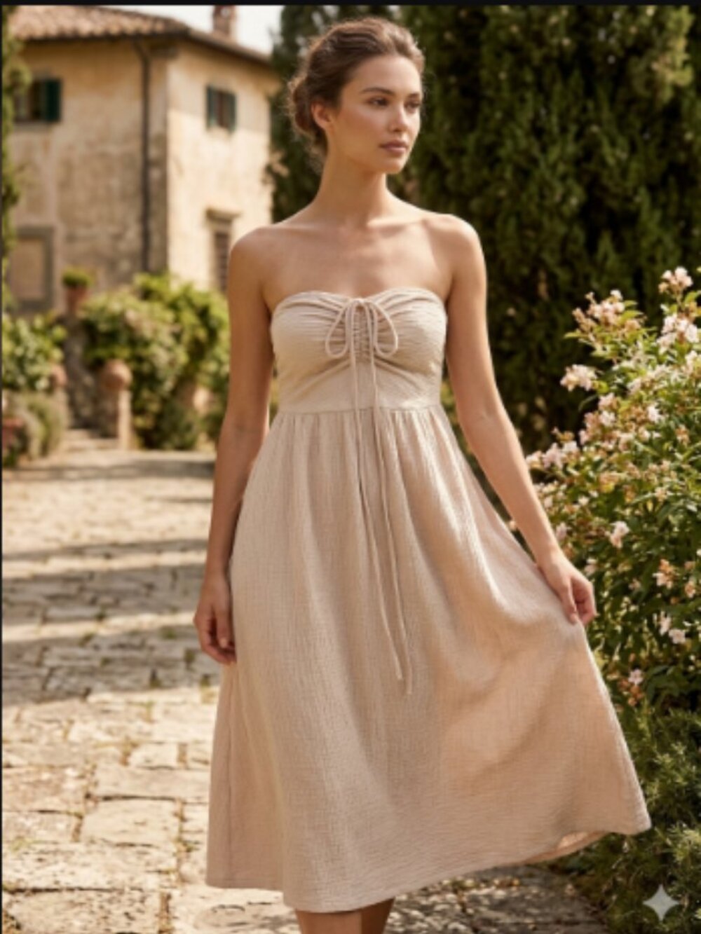 H&M Blush Pink Crinkle Strapless Ruched Midi Dress Size S